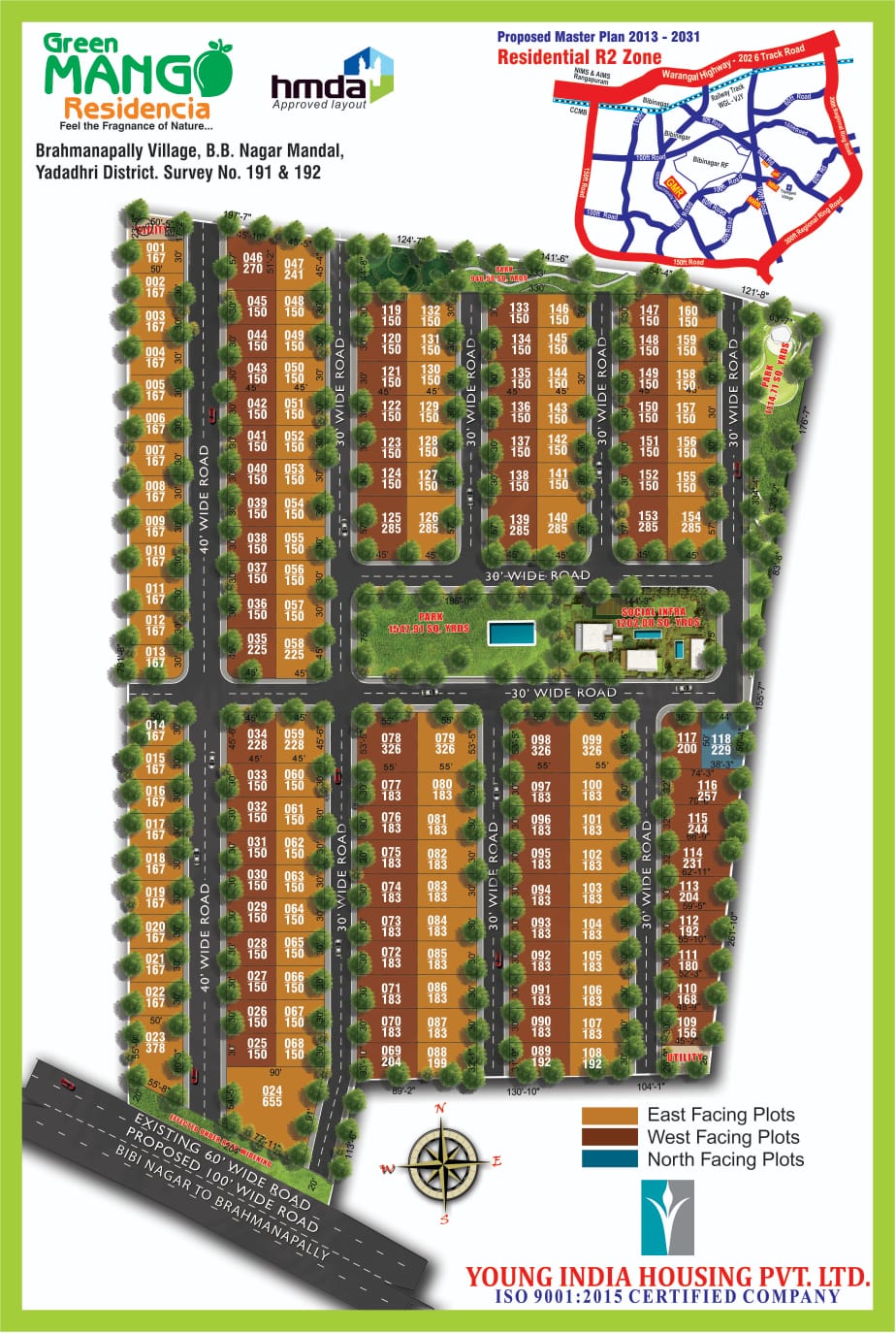 Green Mango Residencia HMDA-approved master layout plan — Brahmanapally Village, B.B. Nagar Mandal, Yadadri District, Survey No. 191 & 192. Shows all plot numbers, sizes, 30ft and 40ft wide internal roads, park, open spaces, and east/west/north-facing plot legend.