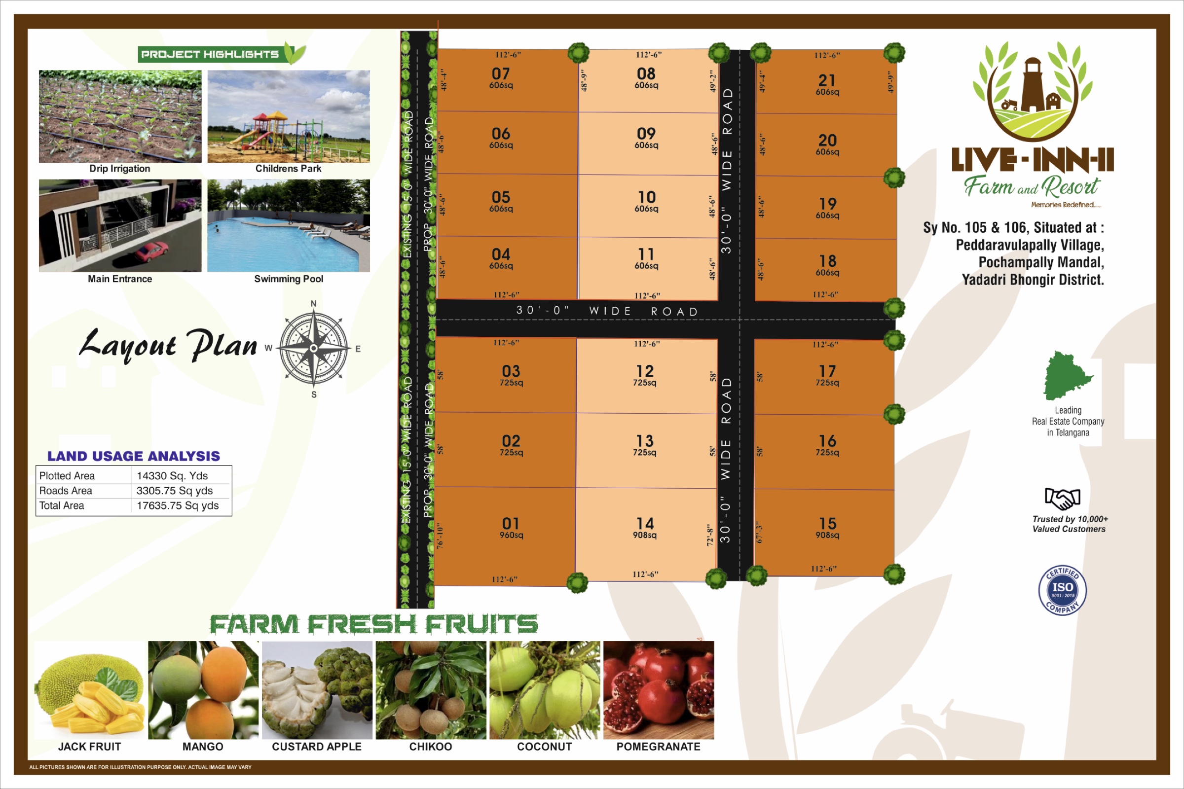 Live Inn II Farm & Resort layout plan — Sy No. 105 & 106, Peddaravulapally Village, Pochampally Mandal, Yadadri Bhongir District. Shows 21 farmland plots arranged around 30ft wide roads, project highlights (drip irrigation, children's park, main entrance, swimming pool) and the six farm fruit varieties — jack fruit, mango, custard apple, chikoo, coconut, pomegranate.