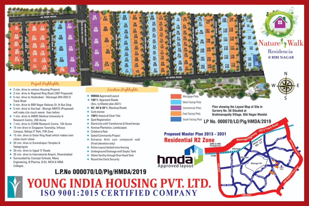 Nature Walk Residencia @ Bibi Nagar HMDA-approved master layout plan — Brahmanapally Village, Bibi Nagar Mandal, Survey No. 56. HMDA LP No. 000070/LO/Pig/HMDA/2019. 2013-2031 master plan Residential R2 Zone, with 100ft approach road per master plan 2031, 66ft / 40ft / 30ft blacktop internal roads and legend for East-facing, West-facing, South-facing, Commercial and Mortgage plots.