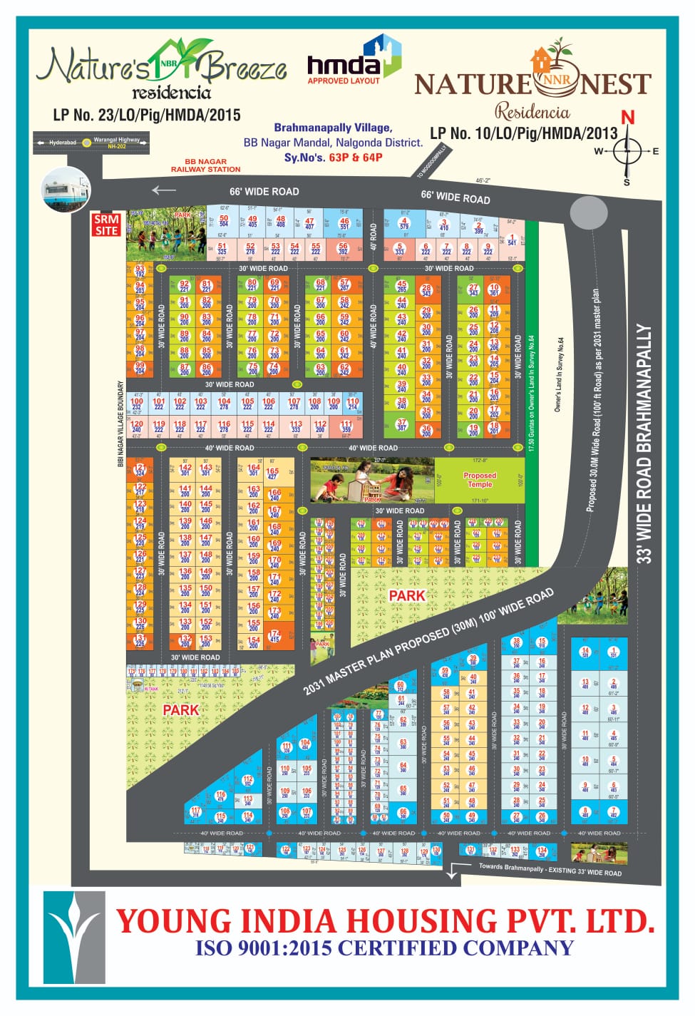 Nature's Breeze Residencia HMDA-approved master layout plan — Brahmanapally Village, B.B. Nagar Mandal, Nalgonda District, Survey Nos. 63P & 64P. HMDA LP No. 23/LO/Pig/HMDA/2015. Shows the Nature's Breeze gated layout on the west side of the shared 33ft wide road to Brahmanapally, with two parks, 30ft and 40ft wide internal roads, a proposed temple, and access from the BB Nagar Railway Station side. The adjoining Nature Nest Residencia (LP 10/LO/Pig/HMDA/2013) sits on the east side of the same sanctioned master plan.