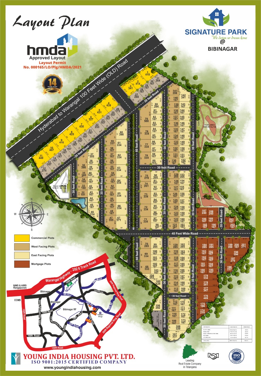 Signature Park @ Bibinagar HMDA-approved master layout plan — Layout Permit No. 000165/LO/Plg/HMDA/2021. Fronts the Hyderabad–Warangal 100ft wide (old) road. Shows the full sanctioned gated layout with Commercial Plots, East-facing, West-facing and Mortgaged plot colour coding, 40ft and 30ft wide internal roads, and the location key showing NIMS & AIIMS Kanigamma, CCMB, Warangal Highway (202 track road) and Bibinagar RF.